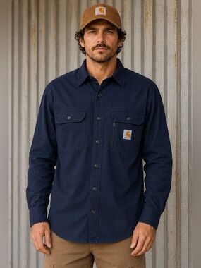 Carhartt Ripstop Long Sleeve Work Shirt Men’s Small Navy Button Front